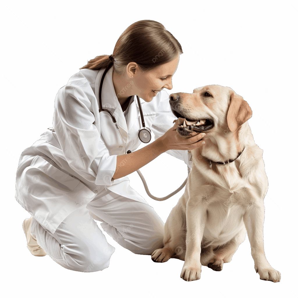 Vet with stethoscope and smiling dog